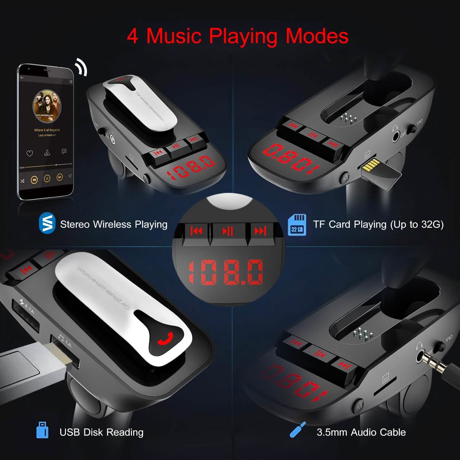 Car FM Transmitter with Wireless Earpiece 2 USB Charge Ports Automotive - Tophatter Daily Deals