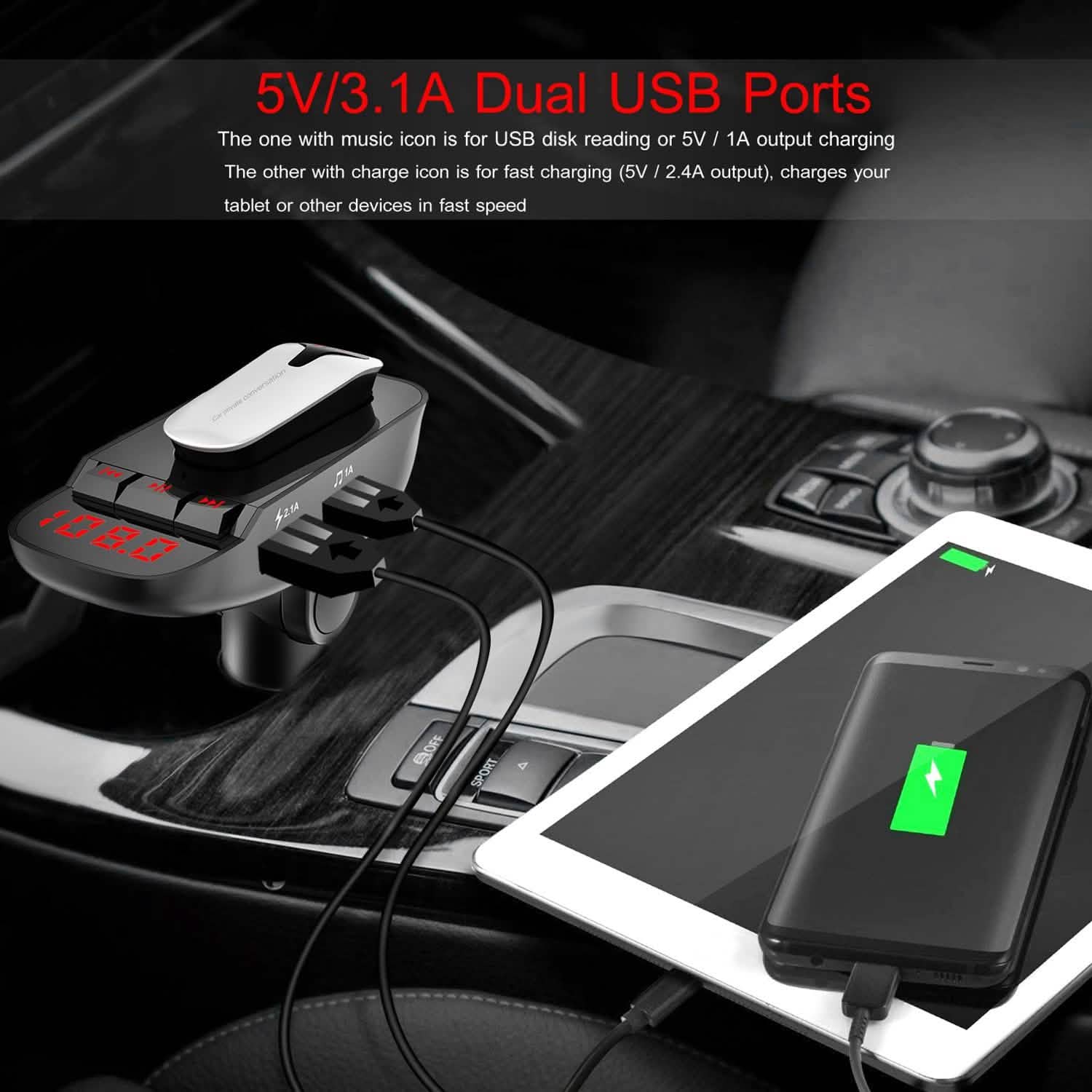 Car FM Transmitter with Wireless Earpiece 2 USB Charge Ports Automotive - Tophatter Daily Deals