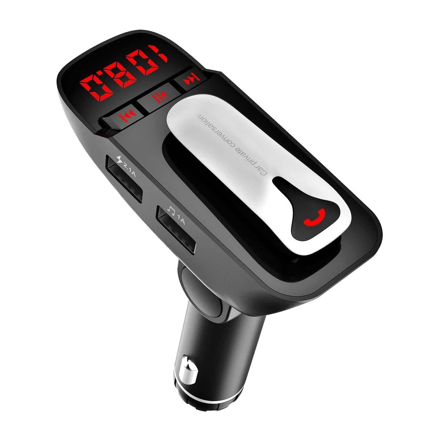Car FM Transmitter with Wireless Earpiece 2 USB Charge Ports Automotive - Tophatter Daily Deals