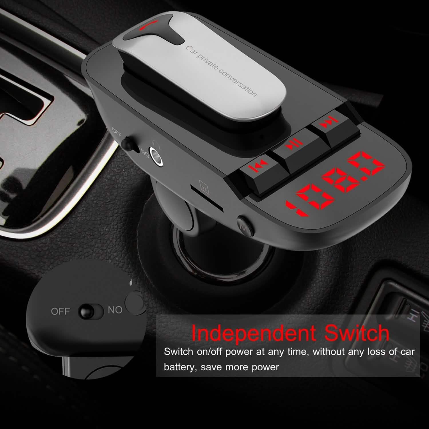 Car FM Transmitter with Wireless Earpiece 2 USB Charge Ports Automotive - Tophatter Daily Deals