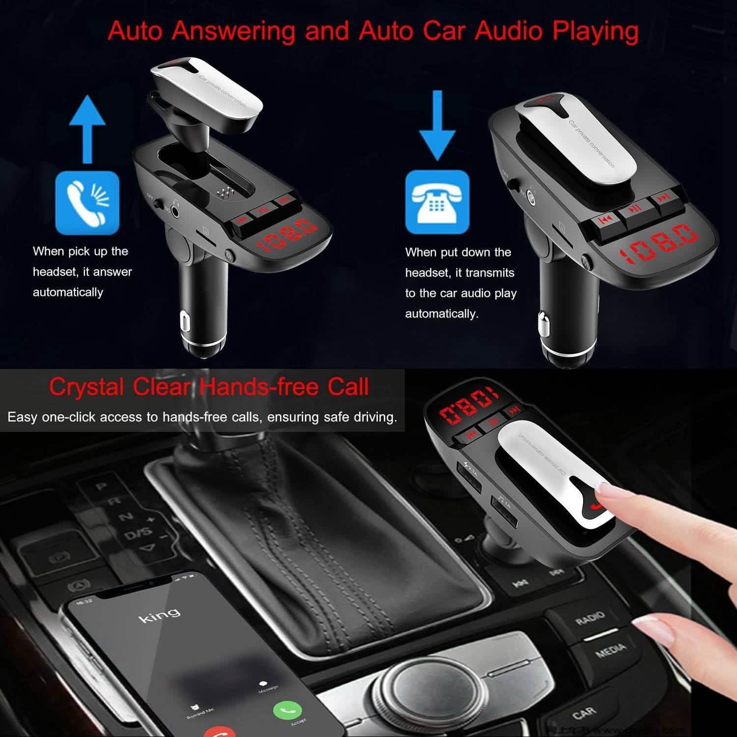 Car FM Transmitter with Wireless Earpiece 2 USB Charge Ports Automotive - Tophatter Daily Deals