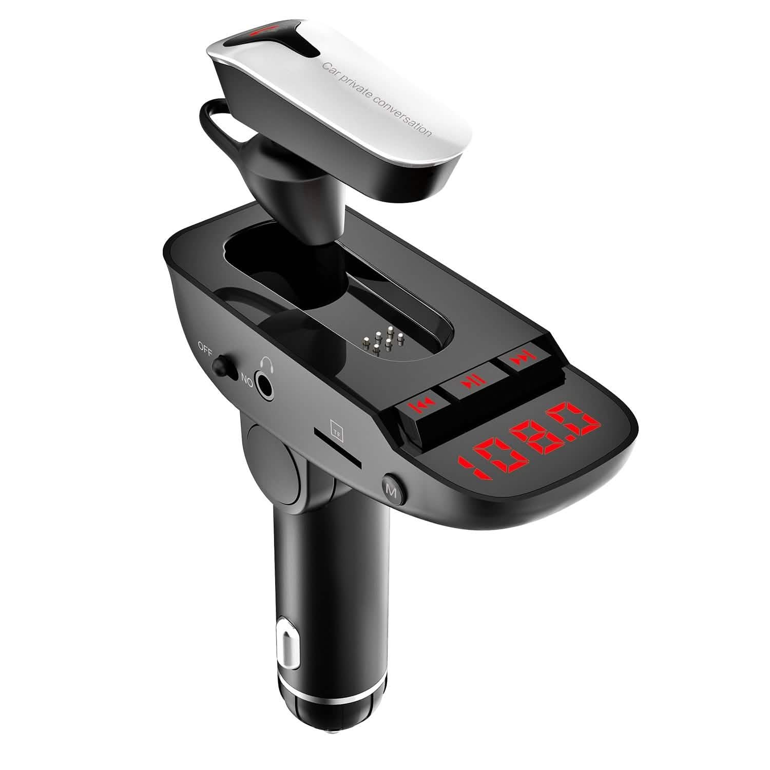 Car FM Transmitter with Wireless Earpiece 2 USB Charge Ports Automotive - Tophatter Daily Deals