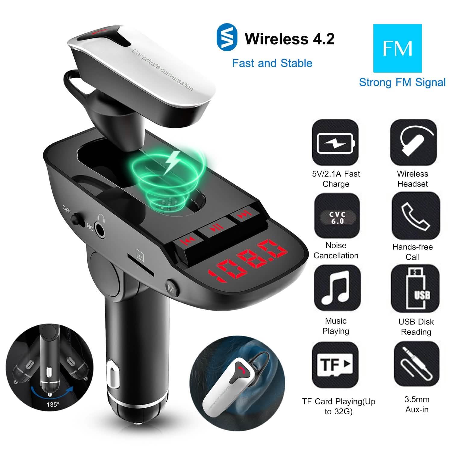 Car FM Transmitter with Wireless Earpiece 2 USB Charge Ports Automotive - Tophatter Daily Deals