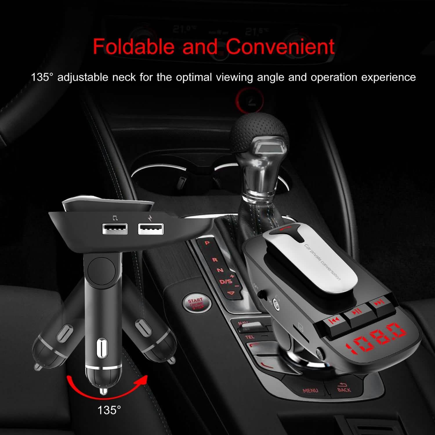 Car FM Transmitter with Wireless Earpiece 2 USB Charge Ports Automotive - Tophatter Daily Deals