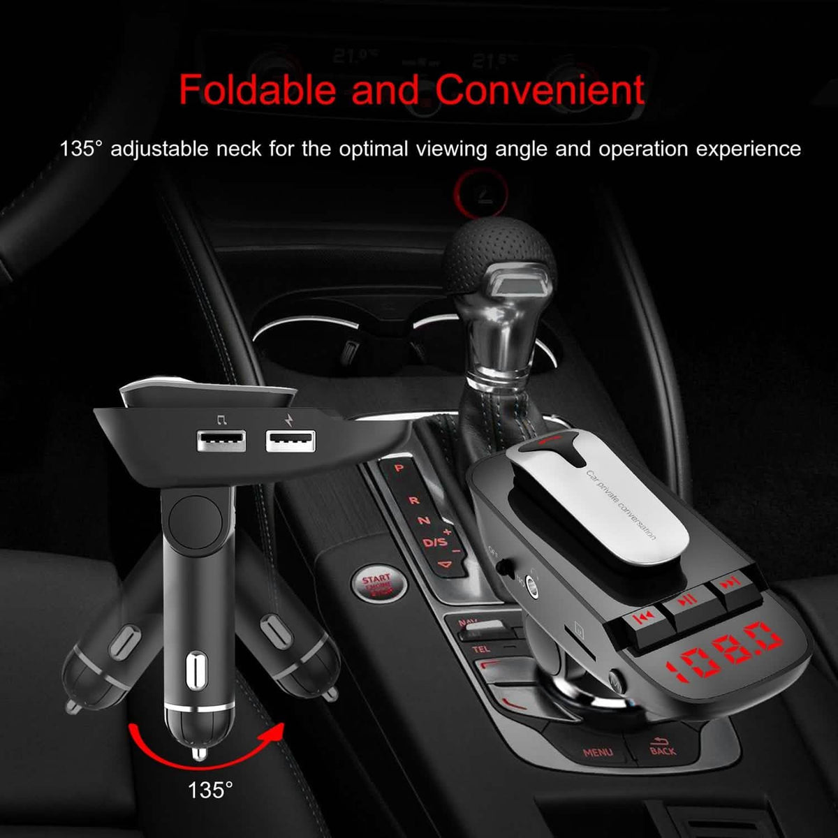 Car FM Transmitter with Wireless Earpiece 2 USB Charge Ports Automotive - Tophatter Daily Deals