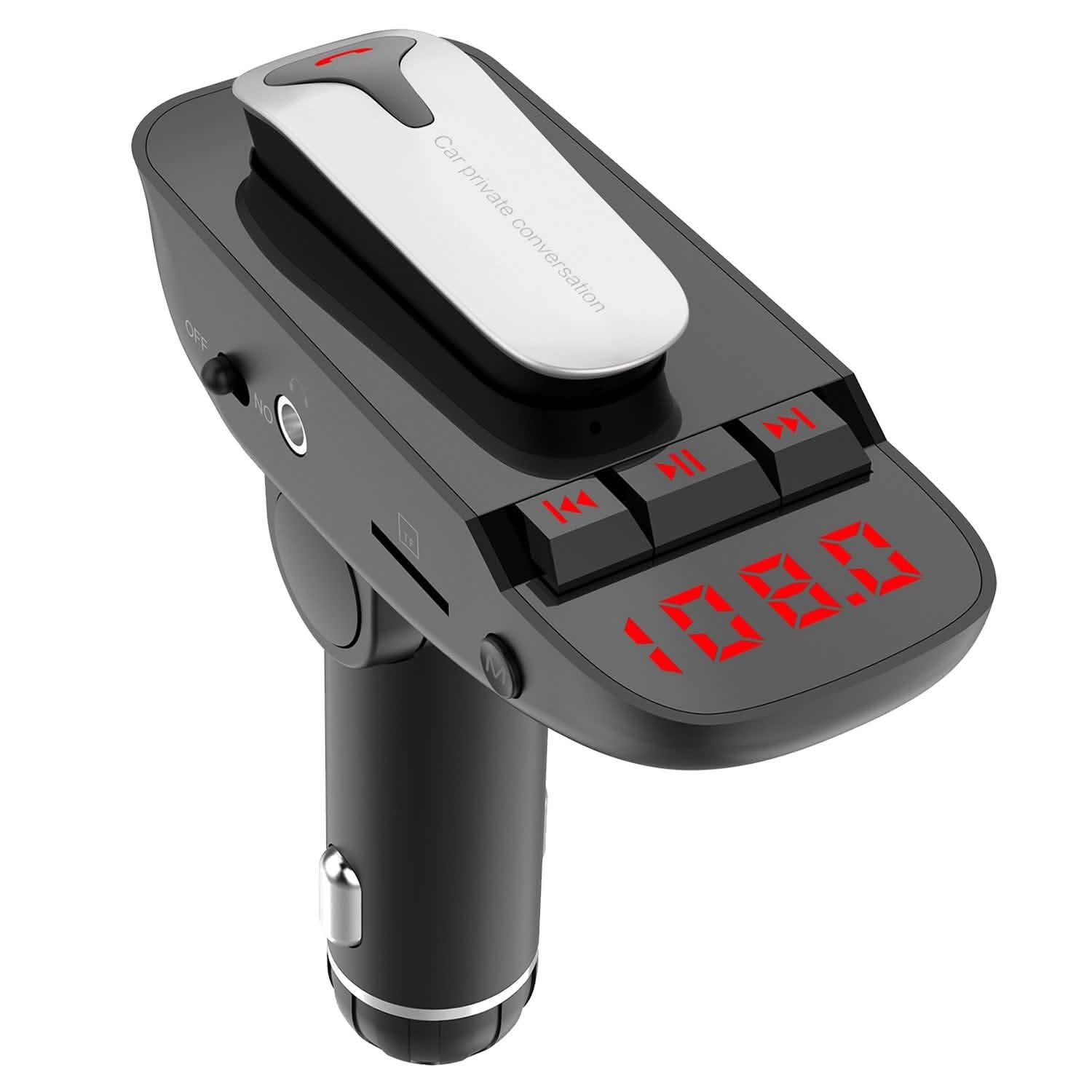 Car FM Transmitter with Wireless Earpiece 2 USB Charge Ports Automotive - Tophatter Daily Deals
