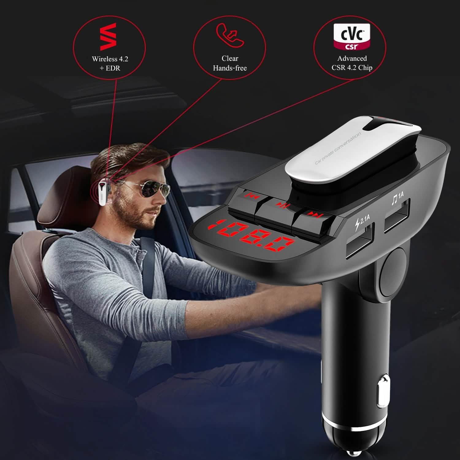 Car FM Transmitter with Wireless Earpiece 2 USB Charge Ports Automotive - Tophatter Daily Deals