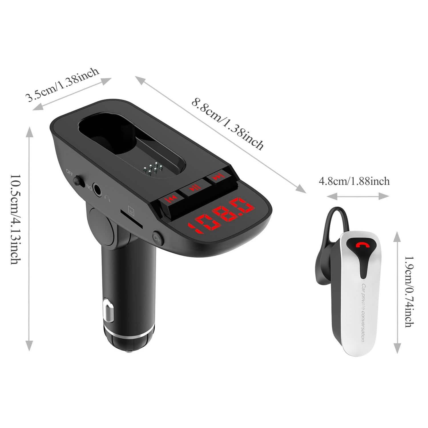 Car FM Transmitter with Wireless Earpiece 2 USB Charge Ports Automotive - Tophatter Daily Deals