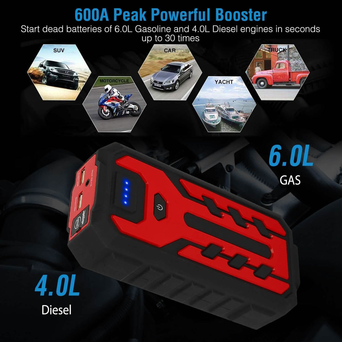 Car Jump Starter Booster with 4 Modes LED Flashlight Automotive - Tophatter Daily Deals