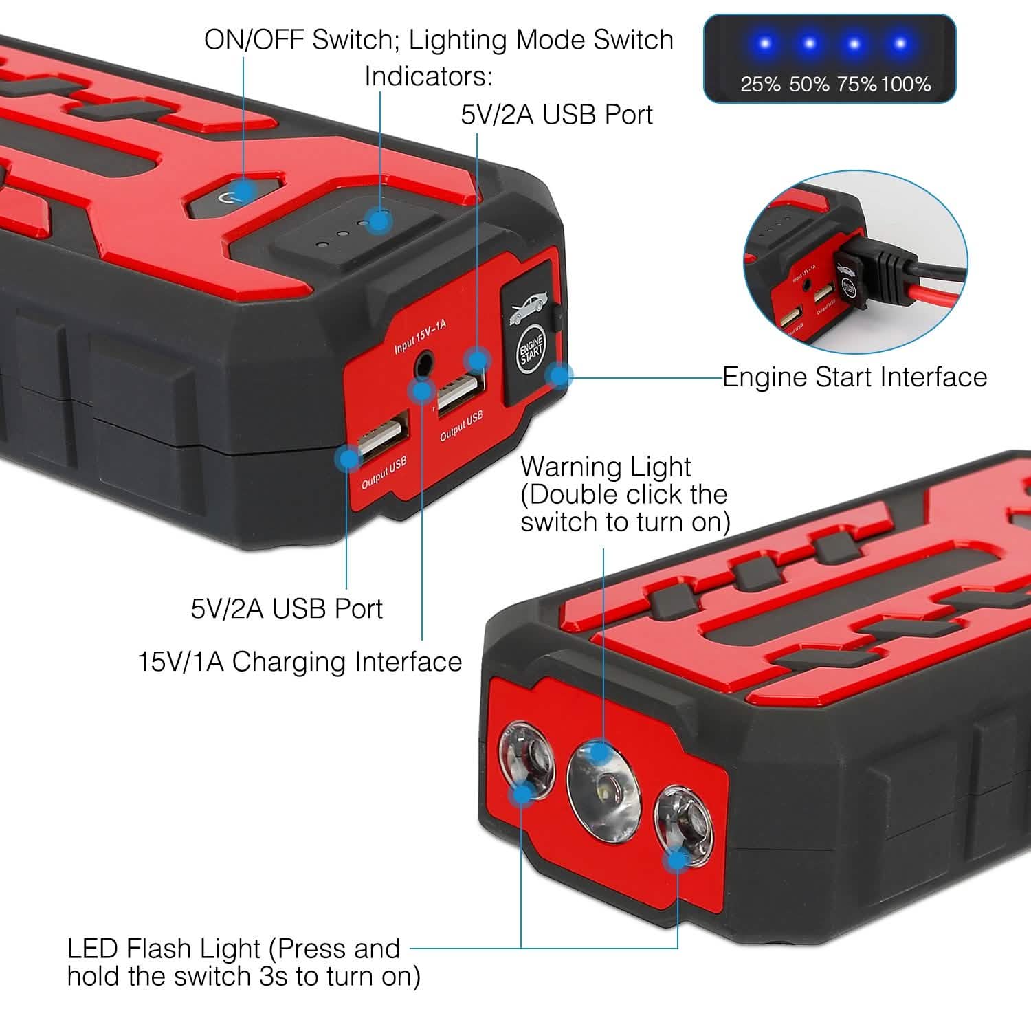 Car Jump Starter Booster with 4 Modes LED Flashlight Automotive - Tophatter Daily Deals