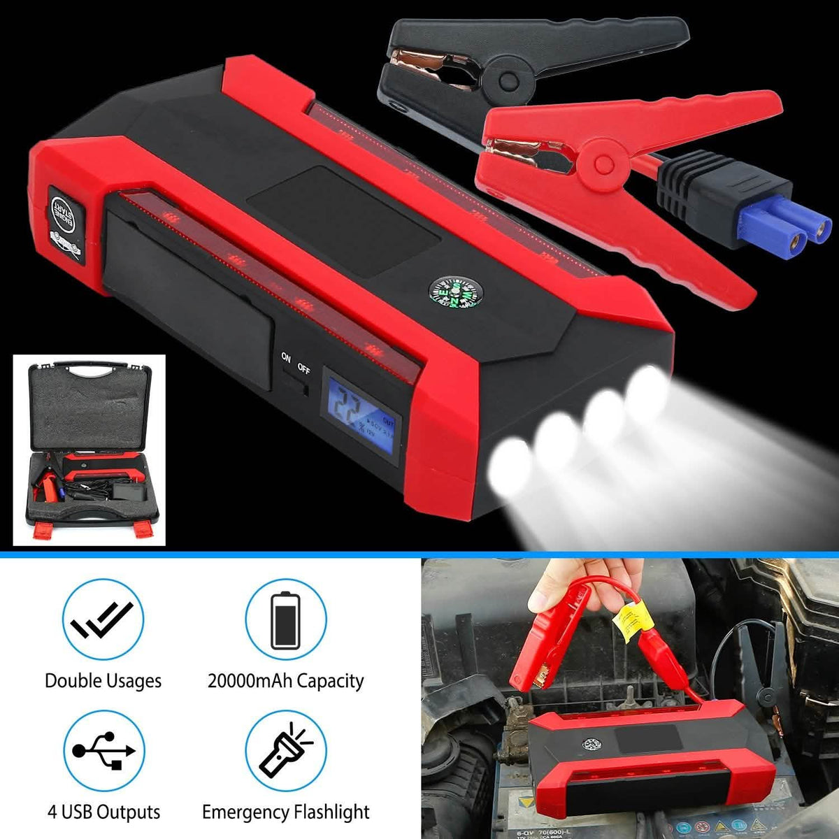 Car Jump Starter Booster with LCD Screen 4 Modes LED Flashlight Automotive - Tophatter Daily Deals