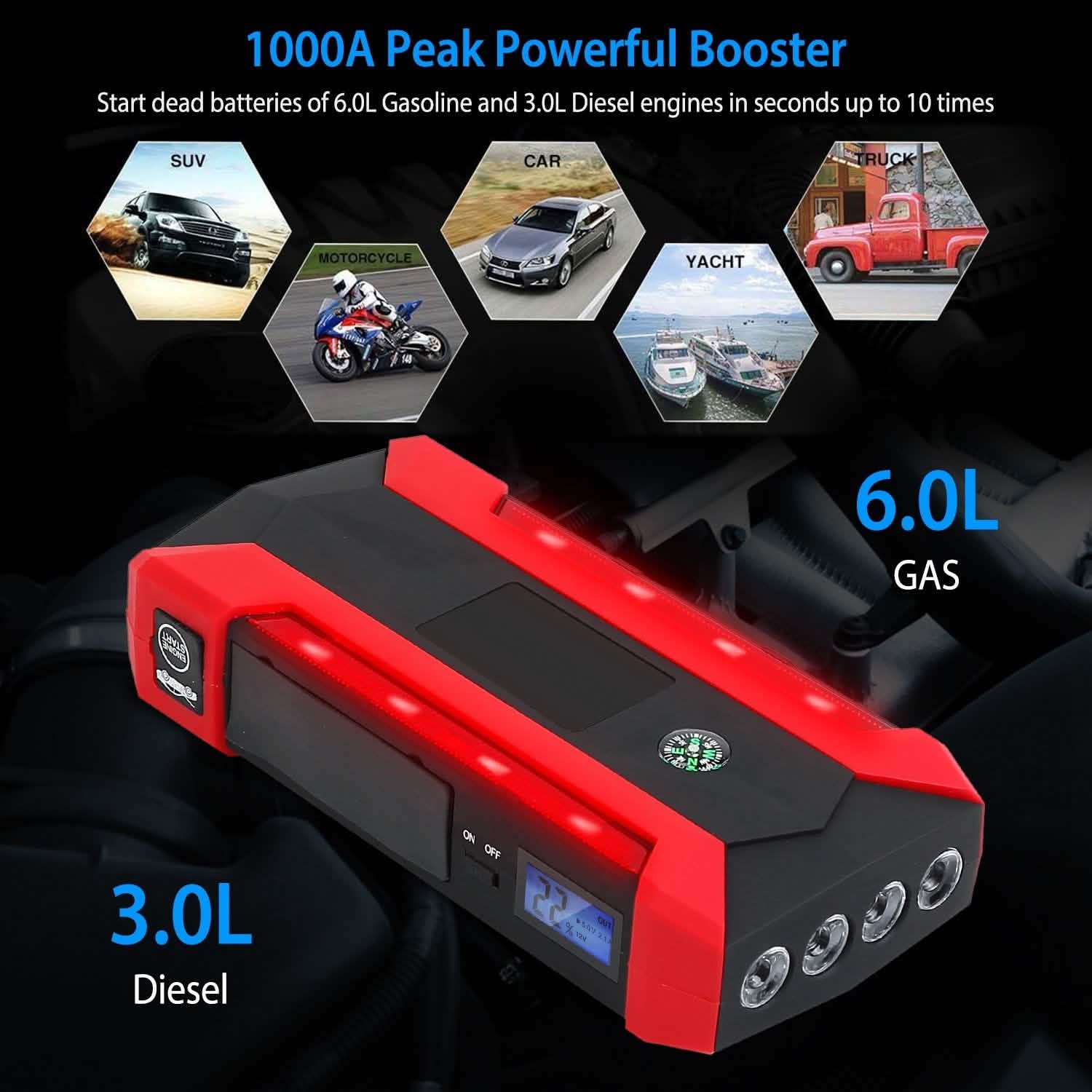 Car Jump Starter Booster with LCD Screen 4 Modes LED Flashlight Automotive - Tophatter Daily Deals