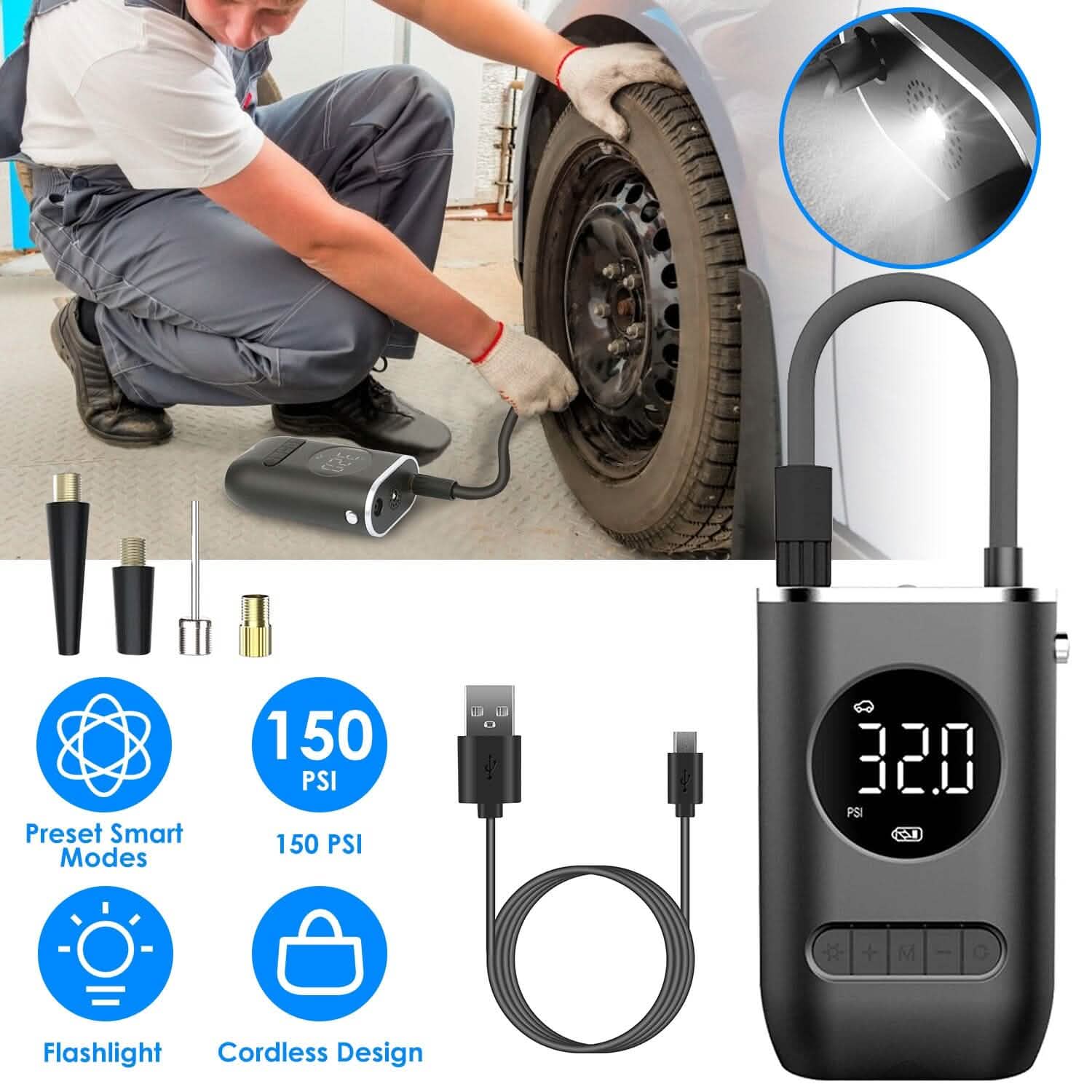 Car Tire Inflator Pump Portable 150 PSI with LED Light Automotive - Tophatter Daily Deals