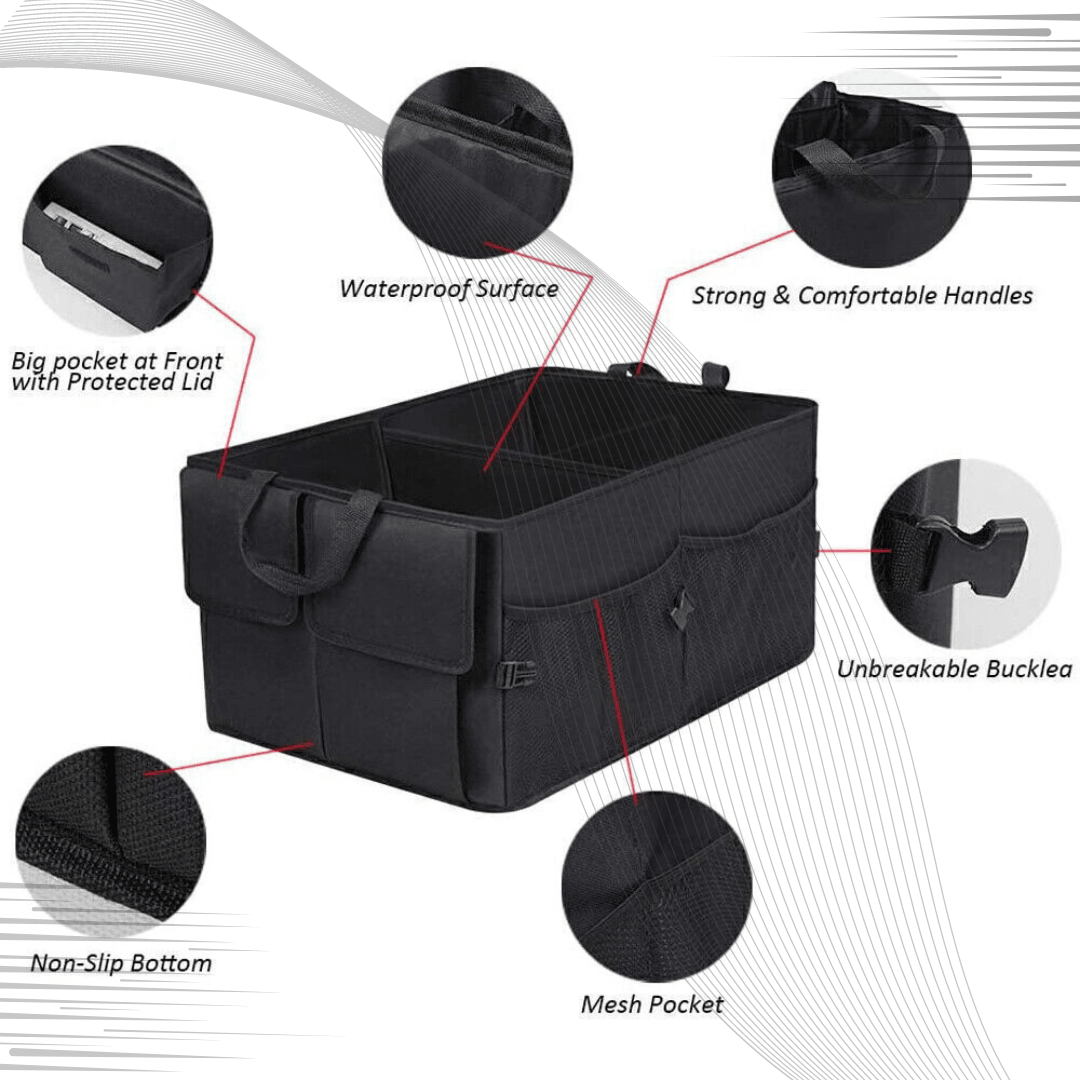 Car Boot Organiser - Heavy Duty Collapsible Foldable Tidy Pocket Storage Black With Mesh Car Accessories - Tophatter Daily Deals
