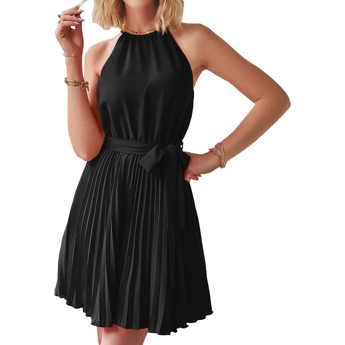 Casual Halter Neck A-Line Dress Sleeveless Belted Swing Pleated Cocktail Party Beach Mini Dresses Black Women's Dresses - Tophatter Daily Deals