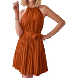Casual Halter Neck A-Line Dress Sleeveless Belted Swing Pleated Cocktail Party Beach Mini Dresses Brown Women's Dresses - Tophatter Daily Deals