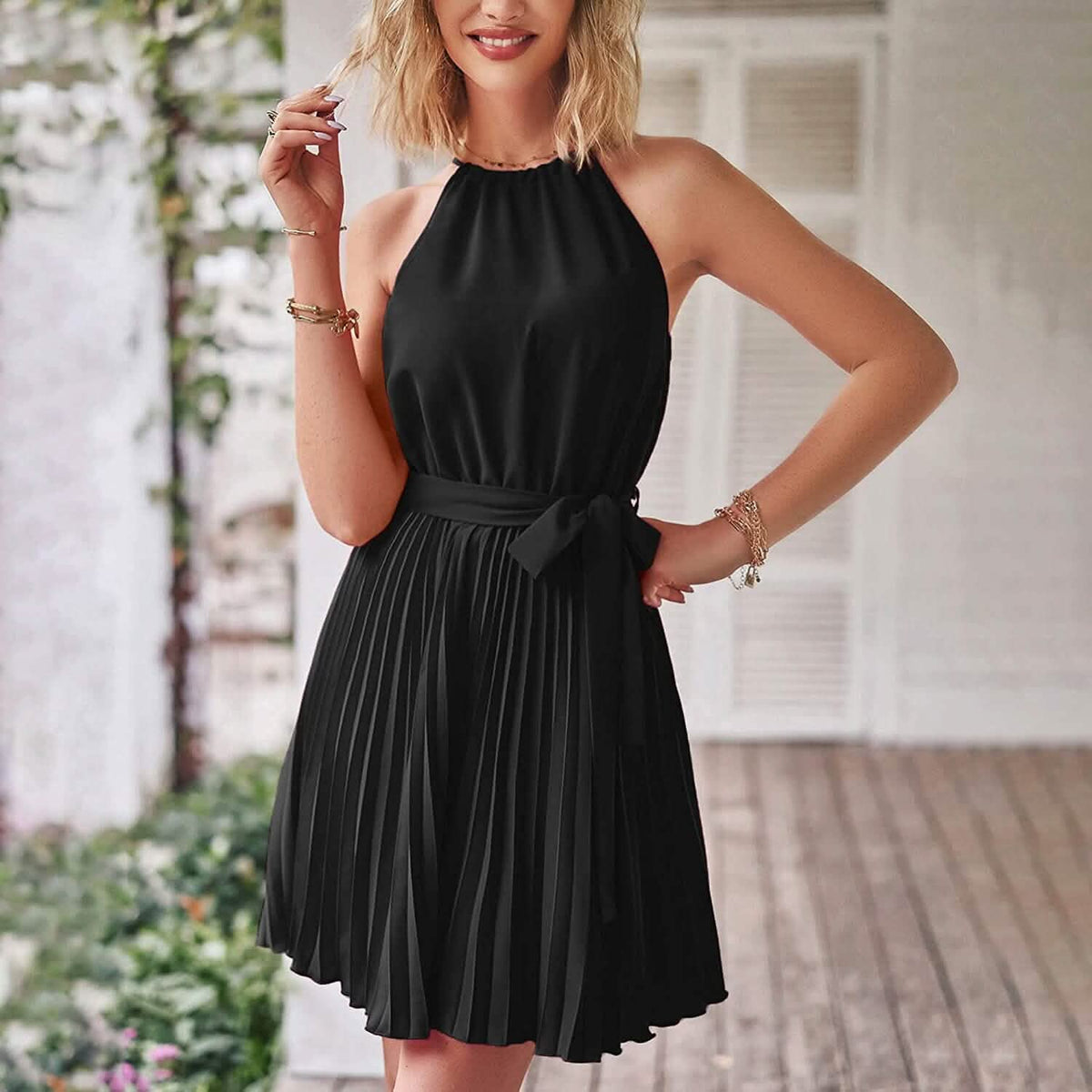 Casual Halter Neck A-Line Dress Sleeveless Belted Swing Pleated Cocktail Party Beach Mini Dresses Women's Dresses - Tophatter Daily Deals