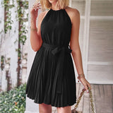 Casual Halter Neck A-Line Dress Sleeveless Belted Swing Pleated Cocktail Party Beach Mini Dresses Women's Dresses - Tophatter Daily Deals