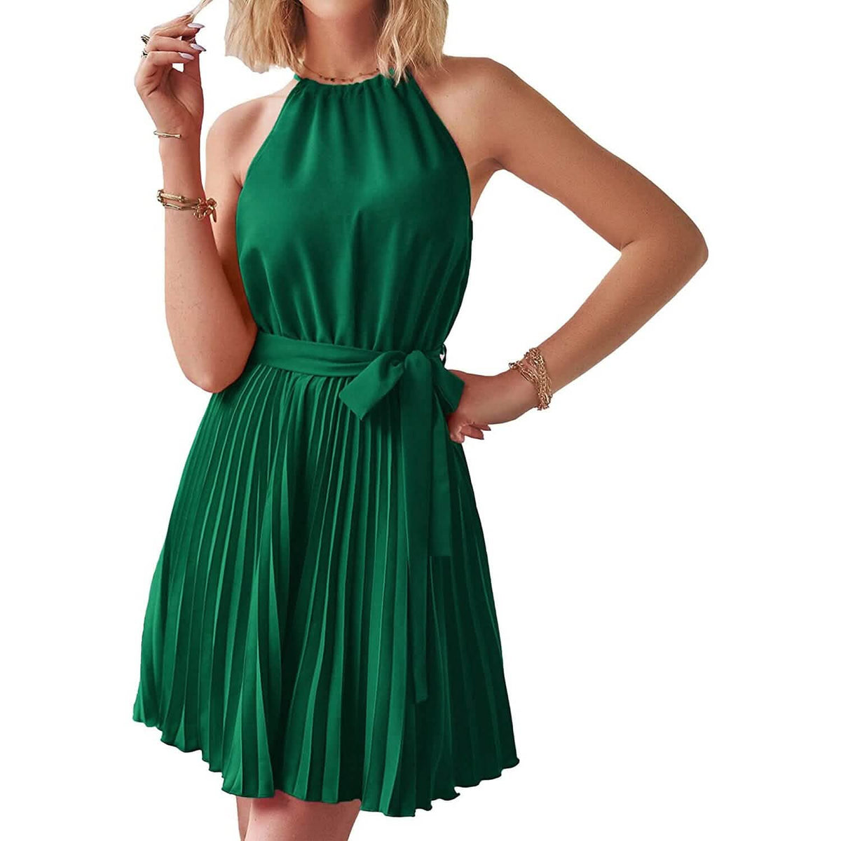 Casual Halter Neck A-Line Dress Sleeveless Belted Swing Pleated Cocktail Party Beach Mini Dresses Green Women's Dresses - Tophatter Daily Deals