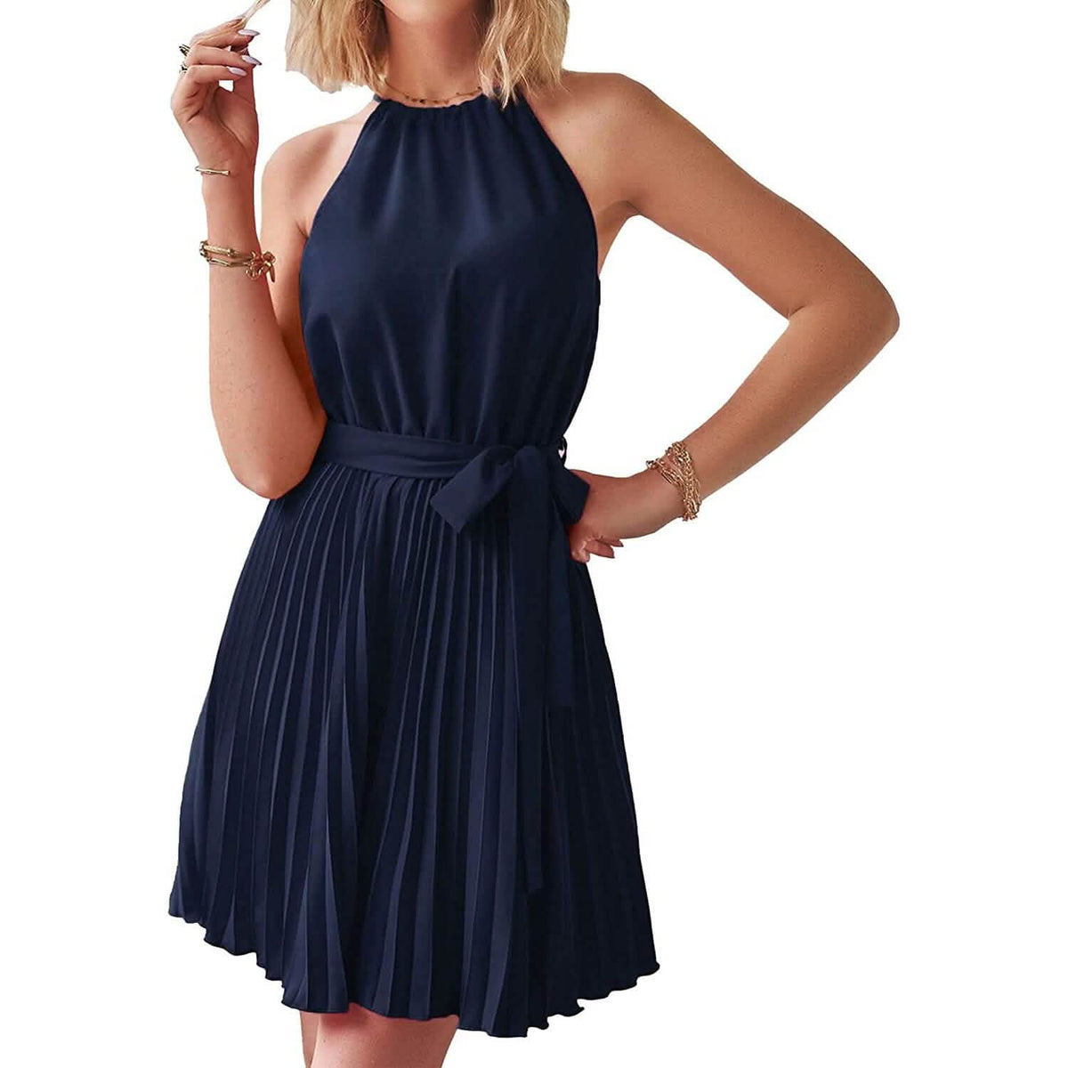Casual Halter Neck A-Line Dress Sleeveless Belted Swing Pleated Cocktail Party Beach Mini Dresses Navy Women's Dresses - Tophatter Daily Deals