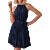 Casual Halter Neck A-Line Dress Sleeveless Belted Swing Pleated Cocktail Party Beach Mini Dresses Navy Women's Dresses - Tophatter Daily Deals