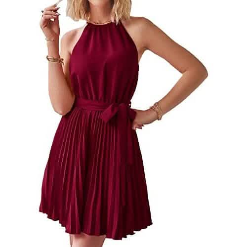 Casual Halter Neck A-Line Dress Sleeveless Belted Swing Pleated Cocktail Party Beach Mini Dresses Wine Red Women's Dresses - Tophatter Daily Deals
