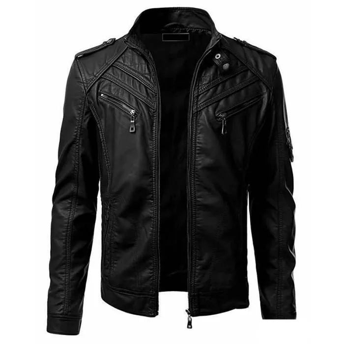 Casual Leather Stand-up Collar Jacket Coat Black Car and Motorcycle Accessories - Tophatter Daily Deals
