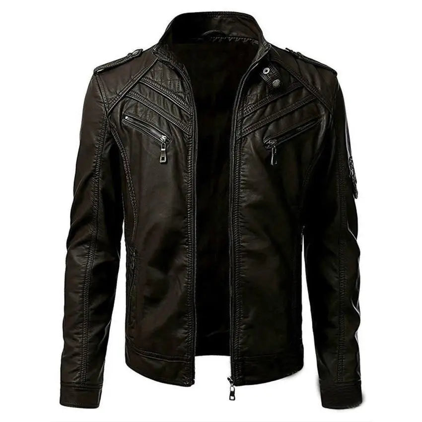 Casual Leather Stand-up Collar Jacket Coat Brown Car and Motorcycle Accessories - Tophatter Daily Deals