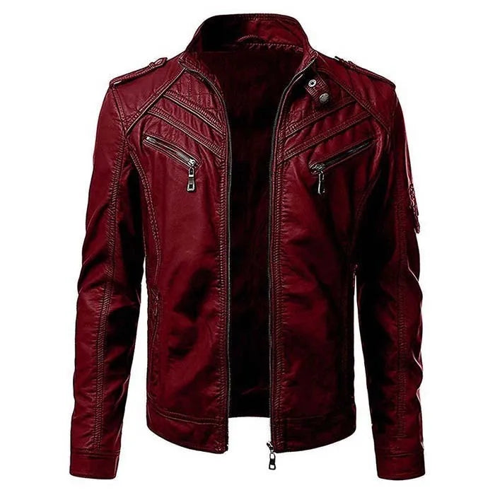 Casual Leather Stand-up Collar Jacket Coat Wine Red Car and Motorcycle Accessories - Tophatter Daily Deals