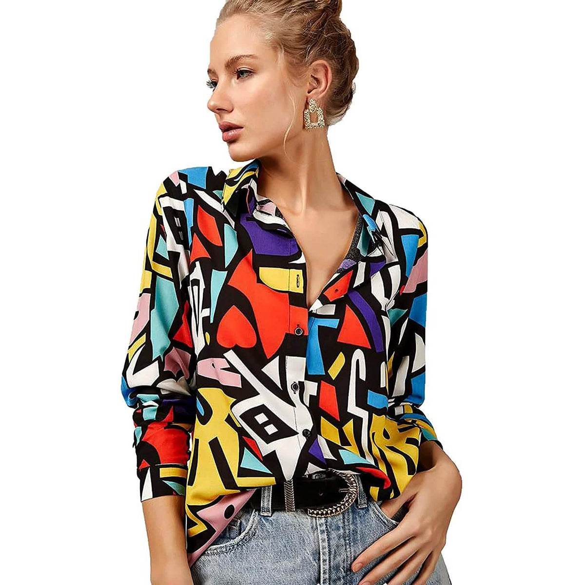 Casual Long Sleeve Button Down Shirts Tops Red Yellow Mix Colors Women's Tops - Tophatter Daily Deals