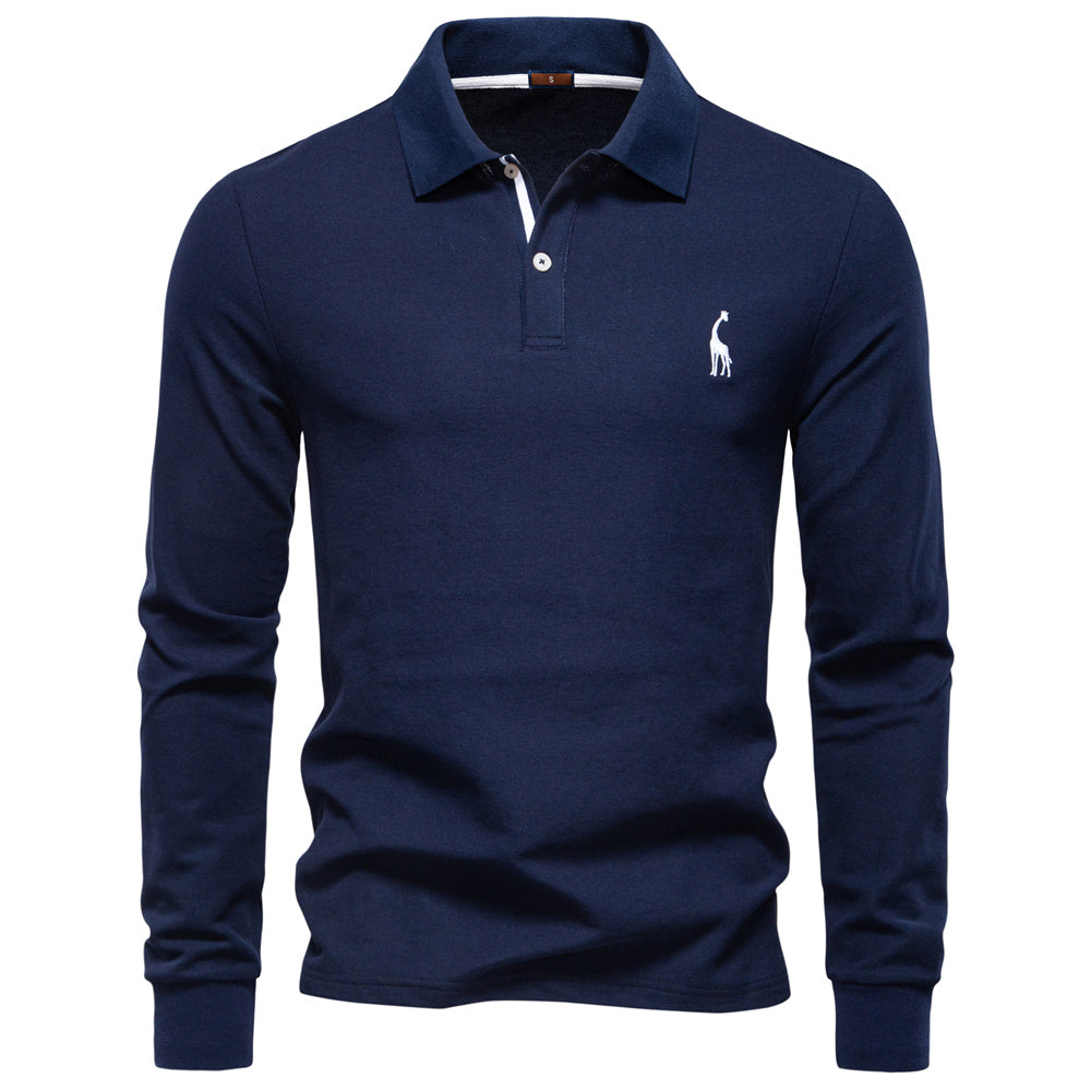 Casual Long Sleeve Cotton Business Polo Shirt Navy Blue Men's Clothing - Tophatter Daily Deals