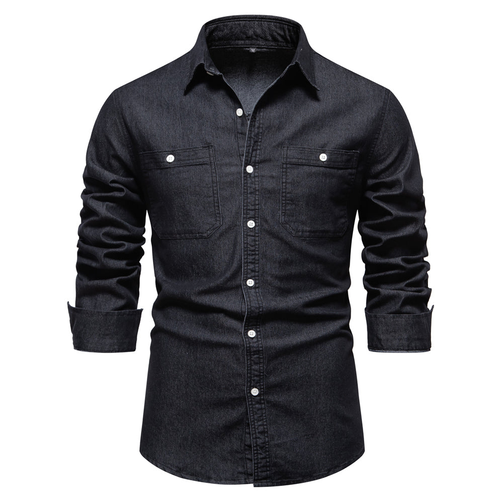 Casual Social Design Double Pockets Slim Jeans Shirts Black Men's Shirts - Tophatter Daily Deals