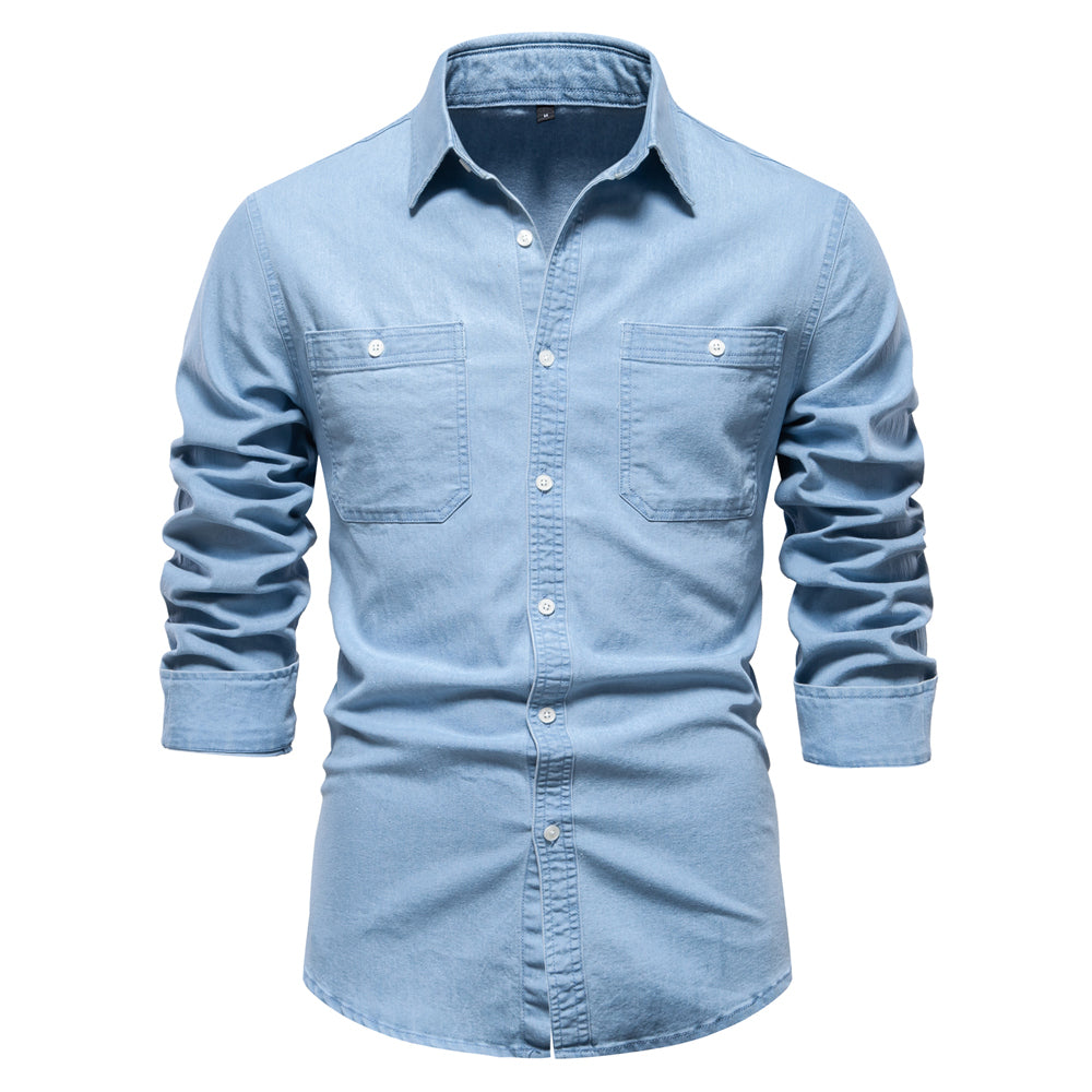 Casual Social Design Double Pockets Slim Jeans Shirts Light Blue Men's Shirts - Tophatter Daily Deals