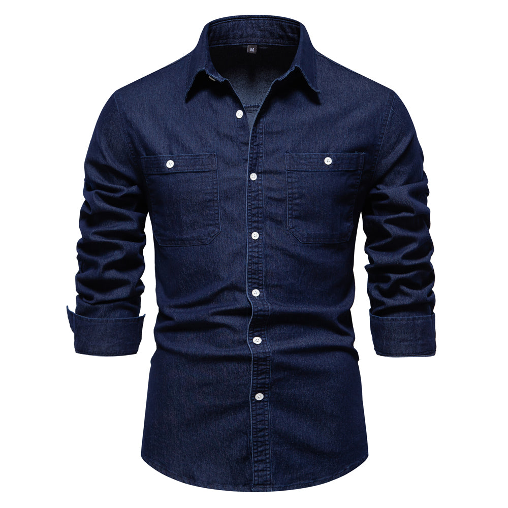 Casual Social Design Double Pockets Slim Jeans Shirts Navy Blue Men's Shirts - Tophatter Daily Deals