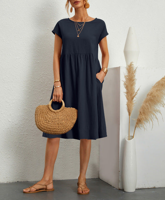Casual Splicing Pocket Midi Dress Navy Blue Midi Dresses - Tophatter Daily Deals