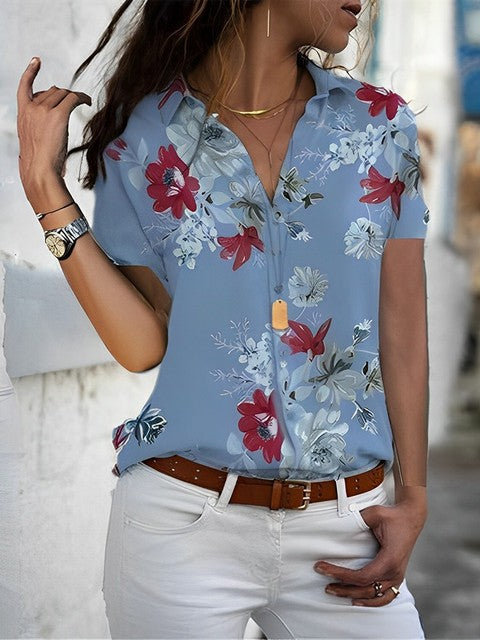 Casual Tops Elegant Work Wear Chiffon Shirts Short Sleeve Blue Blouses - Tophatter Daily Deals