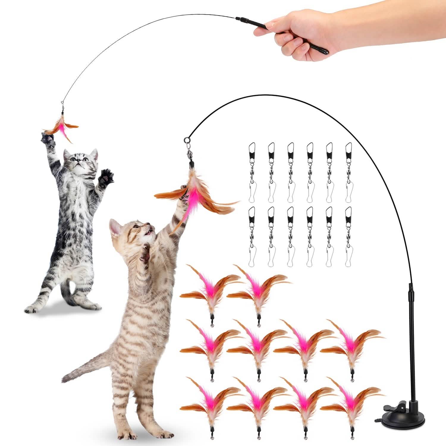 Cat Feather Wand Rod with 12 Pieces Feather Replacements for Cats Pet Supplies - Tophatter Daily Deals