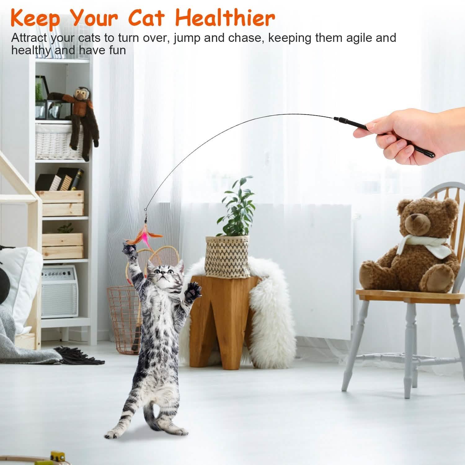 Cat Feather Wand Rod with 12 Pieces Feather Replacements for Cats Pet Supplies - Tophatter Daily Deals