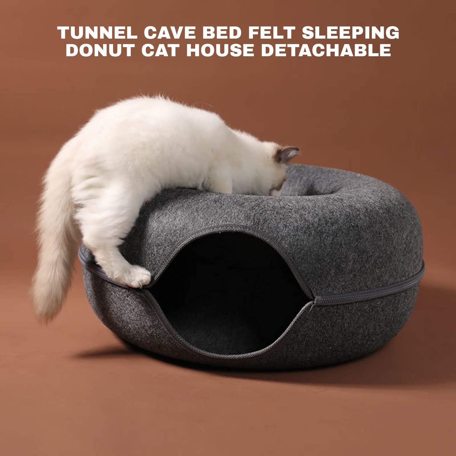 Cat Tunnel Bed - Natural Felt Pet Cat Cave Nest Round House Donut Interactive Toy Pet Products - Tophatter Daily Deals