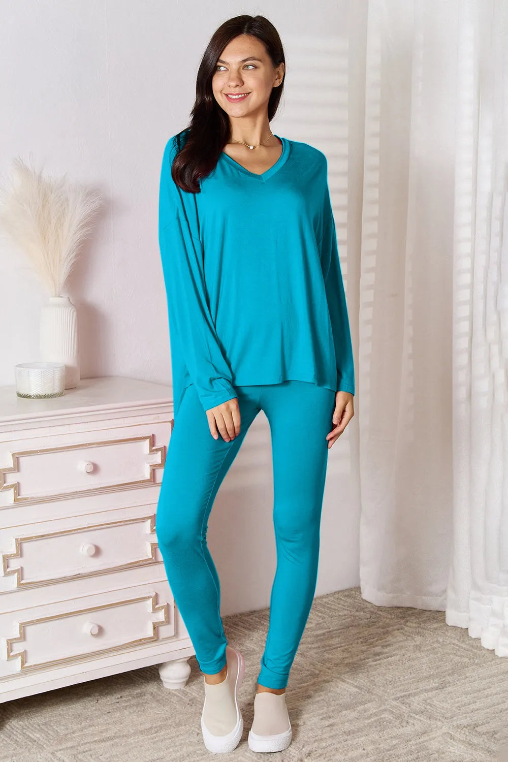 Basic Bae Full Size V-Neck Soft Rayon Long Sleeve Top and Pants Lounge Set Sky Blue Loungewear Sets - Tophatter Daily Deals