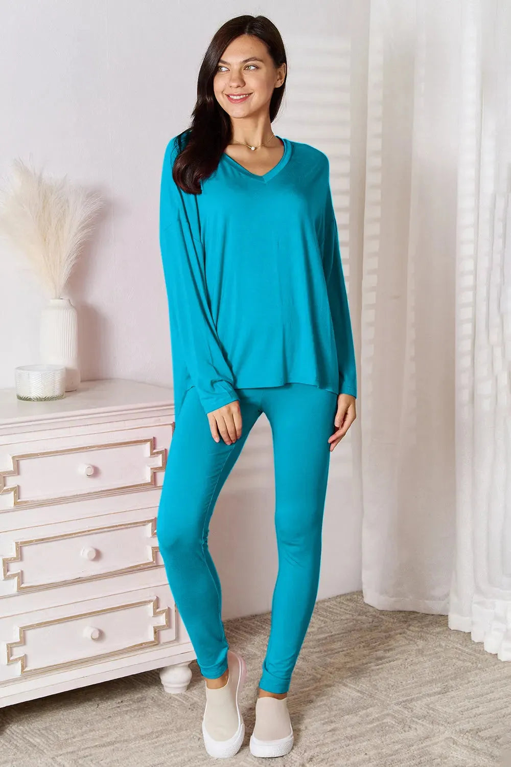 Basic Bae Full Size V-Neck Soft Rayon Long Sleeve Top and Pants Lounge Set Sky Blue Loungewear Sets - Tophatter Daily Deals