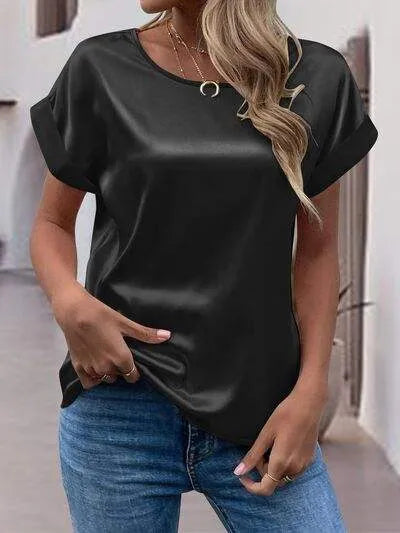 Round Neck Short Sleeve T-Shirt Black Women's T-Shirts - Tophatter Daily Deals