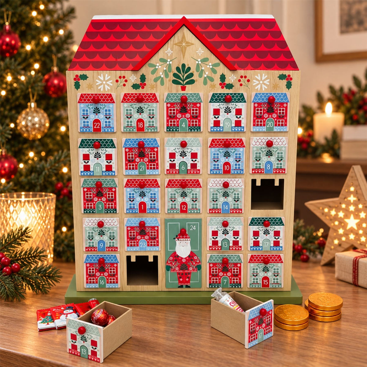 Gisela Graham Reusable Wooden Advent Calendar, 24 Drawer Alpine Christmas House Advent Calendar - Tophatter Daily Deals