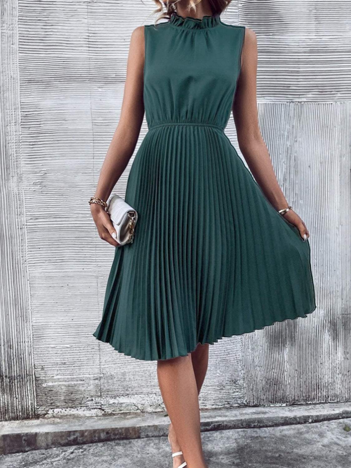 Pleated Frill Mock Neck Sleeveless Dress Casual Dresses - Tophatter Daily Deals