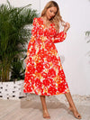 Printed Surplice Long Sleeve Midi Dress Casual Dresses - Tophatter Daily Deals