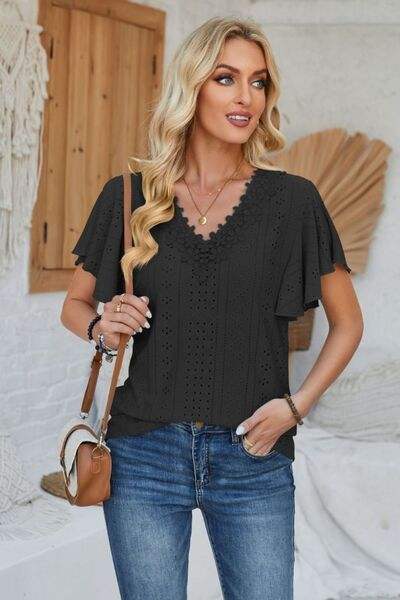 Eyelet Applique V-Neck Cap Sleeve T-Shirt Black Women's T-Shirts - Tophatter Daily Deals