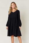 Double Take Full Size V-Neck Balloon Sleeve Tiered Dress Casual Dresses - Tophatter Daily Deals