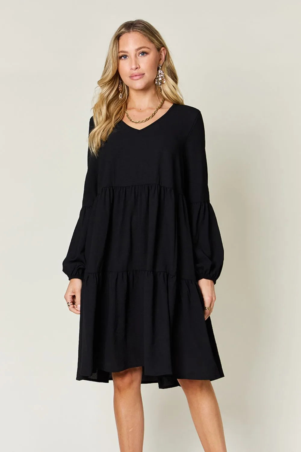 Double Take Full Size V-Neck Balloon Sleeve Tiered Dress Black Casual Dresses - Tophatter Daily Deals