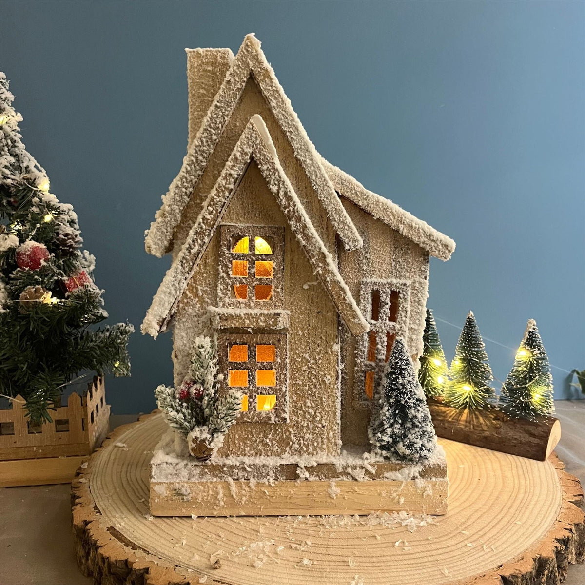 LED Snow-Covered Wooden Christmas House | Light Up Village House Ornament - 33cm Ornament - Tophatter Daily Deals