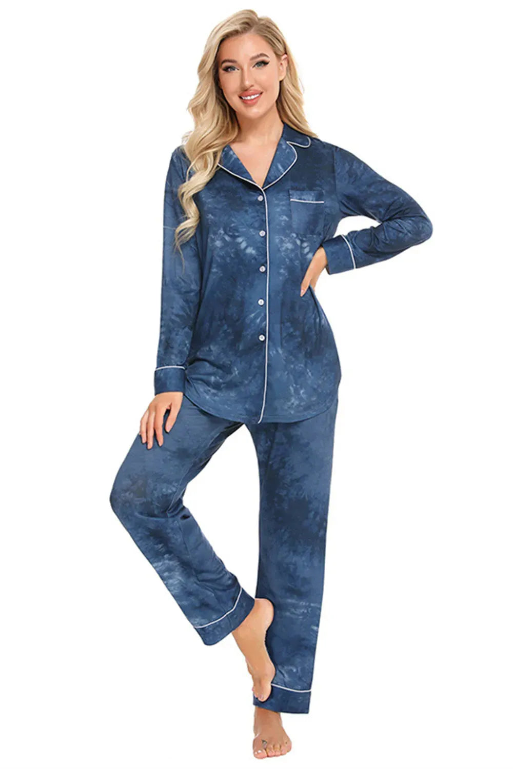 Collared Neck Long Sleeve Loungewear Set with Pockets Loungewear Sets - Tophatter Daily Deals
